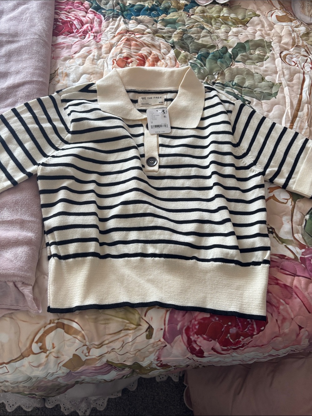 We The Free Kids Cream & Black Striped Polo Top